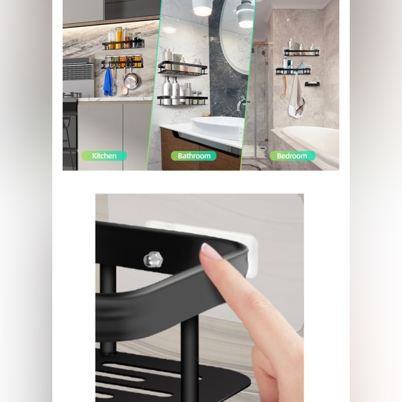 New 3-Pack Bathroom/Kitchen Shelves with Hooks, No Drilling, Large Storage/Black - Picture 7 of 12